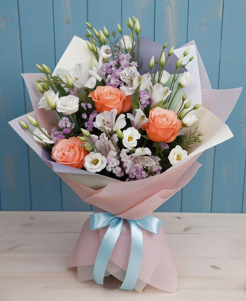 Букет цветов из: Лизиантусы, Розы, Альстромерии и Гипсофила в Козуль