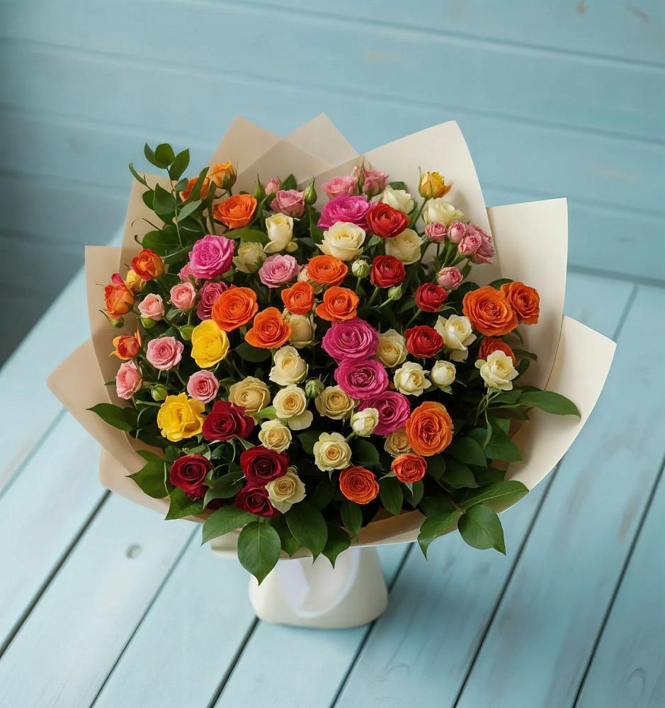 Букет Микс из разноцветных кустовых роз в Козуль