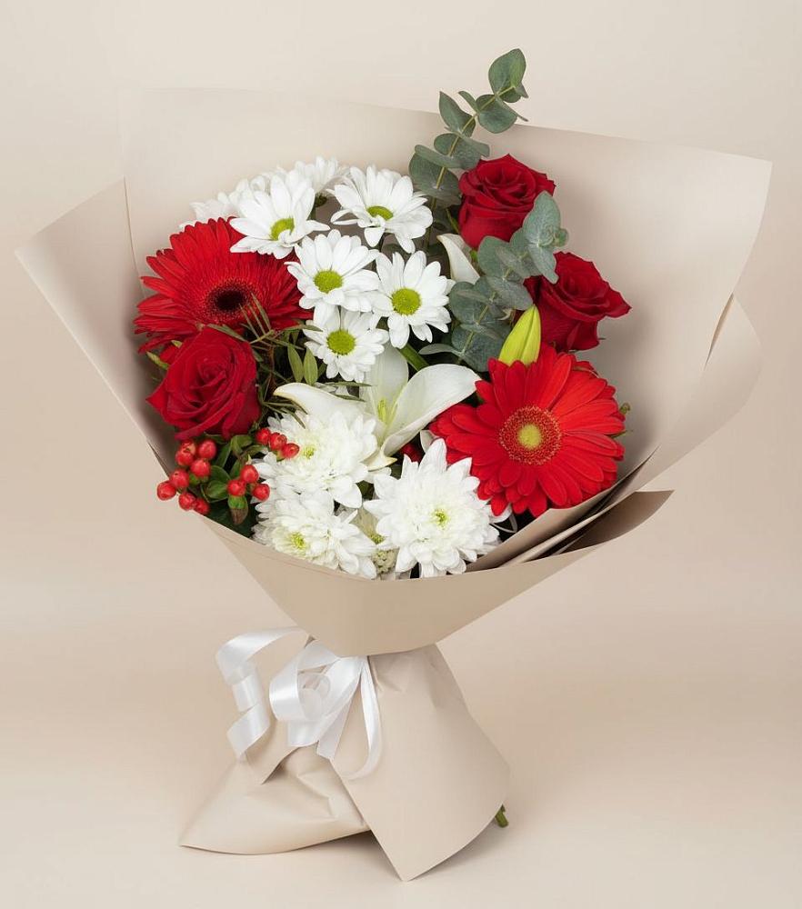 Букет цветов из: Розы, Хризантемы, Герберы и Лилии в Козуль